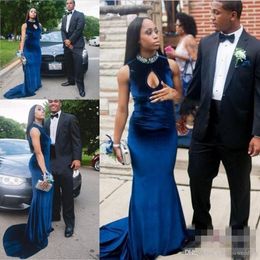 Simple Velvet High Neck Mermaid Prom Dresses Long Beaded Crystals Blue Evening Dress Sweep Train Open Back Party Dress For Special Occasion