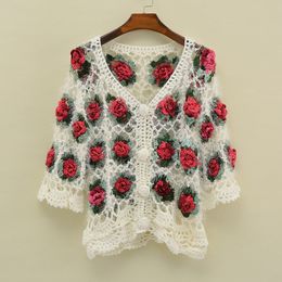 Fashion-Autumn winter hand knitted women sweater long sleeve handmade crocheted flower hollow out cardigan female sweater