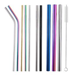 6*215mm 304 Stainless Steel Straw Bent And Straight Reusable Colourful Drinking Straw 8*215mm Metal Bubble Tea Straws