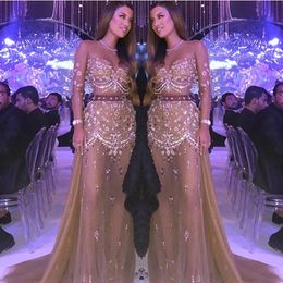 Illusion Long Sexy Sleeve Prom Dresses Sheer Neck Beading Appliqued Evening Gowns Party Dress Vestidos De Fiesta