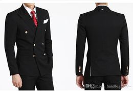 New Arrivals Double Breasted Black Groom Tuxedos Peak Lapel Groomsmen Best Man Blazer Mens Wedding Suits (Jacket+Pants+Tie) D:368