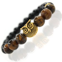 Natural Stone Owl Agate Beaded strands Bracelcets Silver Gold Head Fashion Jewelry for Men Women will and sandy
