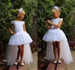 -O laço branco Alta Baixa Meninas Pageant Dresses 2020 Alças Applique Beads Tule Vestidos menina para o casamento do aniversário dos miúdos Partido Vestidos