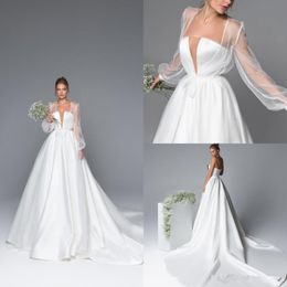 2020 Eva Lendel Boho Wedding Dresses With Jacket A Line Sweep Train Satin Beach Wedding Dress Custom Made Elegant Bohemian Vestidos De Novia