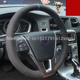 For Volvo V60 High Quality Hand-stitched Anti-Slip Black Suede Blue Thread DIY Steering Wheel Cover
