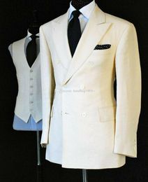 New Design Double-Breasted Ivory Groom Tuxedos Peak Lapel Groomsmen Mens Suits Wedding/Prom/Dinner Blazer (Jacket+Pants+Vest+Tie) K187