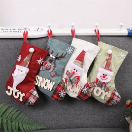 Linen Christmas Stockings Xmas Tree Pendant Ornaments Santa Snowman Deer Sock Candy Gift Bag Xmas Decoration Party Accessory JK1910