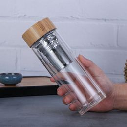 450ml Bamboo Lid Water Bottle Double Wall Insulated Glass Tea Tumbler with Removable Loose Leaf Infuser Basket