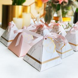 Triangular Pyramid Marble style Candy Box Wedding Favours Party Supplies Gift Chocolate Boxes with Ribbon THANKS Table