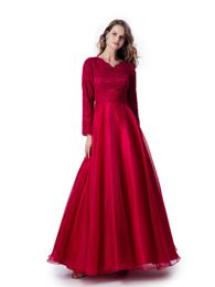 Dark Red A-line Lace Organza Modest Prom Dresses With Long Sleeves V Neck Full Length Girls Teens Modest Prom Gowns Sleeved Custom Made