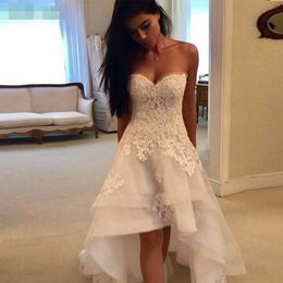 2020 White Lace Appliques High Low Wedding Dresses Sweetheart Lace Up Back Front Short Long Back Wedding Gowns robe de mariee