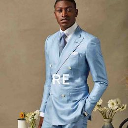 Hot Sale Double-Breasted Light Blue Wedding Men Suits Peak Lapel Two Pieces Business Groom Tuxedos (Jacket+Pants+Tie) W1223
