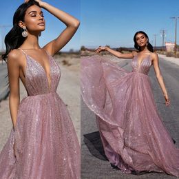 2019 Sexy Prom Dresses A Line Spaghetti Lace Beaded Backless Sweep Train Evening Dress Party Wear Arabic Cocktail Gowns