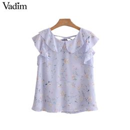 Women Sweet Ruffles Floral Chiffon Blouse Back Bow Tie Sleeveless Shirts Ladies Summer Fashion Chic Tops Blusas WA113