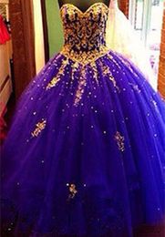 2019 Gold Appliques Crystal Blue Ball Gown Quinceanera Dresses Tulle Plus Size Sweet 16 Dresses Debutante 15 Year Formal Party Dress BQ184