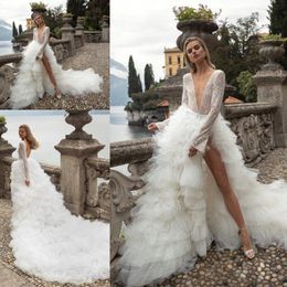 2020 Sexy Wedding Dresses Deep V Neck Long Sleeve Sash Split Lace A Line Wedding Dresses Court Train Bridal Gowns