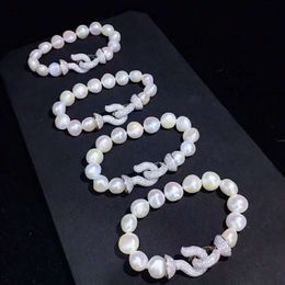 Handmade micro inlay zircon clasp natural 10-11mm white baroque freshwater pearl bracelet long 20cm