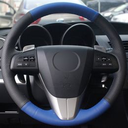 Blue Black Genuine Leather Hand-stitched Car Steering Wheel Cover for 2011-2013 Mazda 3 Mazda CX-7 CX7