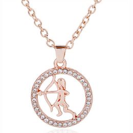 Personalized 12 Constellations Crystal Sagittarius Pendant Sliver/Rose Plated Necklace For Men and Women