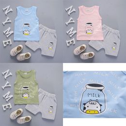 2019 Cool and refreshing style summer cotton round collar Milk bottle pattern with vest and shorts two pieces for boys and girls
