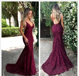 2019 Burgundy Prom Dress Mermaid Backless Lace Long Formal Holidays Wear Graduation Evening Party Gown Custom Made Plus Size