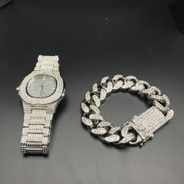 Hip Hop Mens Watches +Bracelets Set Fashion Diamond Iced Out Cuban Chain Gold Silver Watch Set With Box 2019