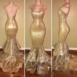 Sparkly Gold Sequins Mermaid Prom Dresses Spaghetti Straps 2019 Backless Tiered Skirt Ruffles Formal Occasion Wear Evening Party Gowns