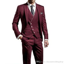 Fashionable One Button Wine Groom Tuxedos Peak Lapel Men Wedding Party Prom Dress 3 pieces Work Suit (Jacket+Pants+Vest+Tie) K253