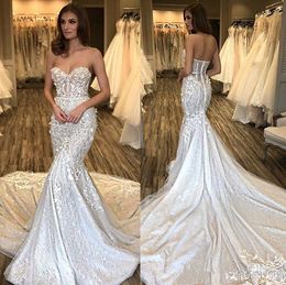 Gorgeous Mermaid Lace Dresses Sweetheart Appliqued Backless Trumpet Bridal Gowns Beach Sweep Train Wedding Dress