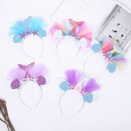 Girls Mermaid Headbands Mesh Flower Shiny Hair Sticks Kids hair hoop Beach Party Birthday Party Favor Headdress T2C5221