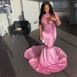 South African Vintage Long Sleeve Pink Prom Dresses 2019 Mermaid High Neck Applique Sequins Long Junior Graduation Gowns Evening Dress Wear