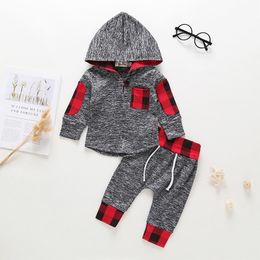 New Spring Autumn Infant Baby Boys Set Kids Cotton Hooded Tops Sweatshirt + Plaid Pants 2pcs Boy Clothing Suit Children Outfits Sets 14364