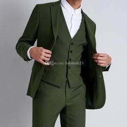 High Quality Two Buttons Olive Green Groom Tuxedos Notch Lapel Men Suits 3 pieces Wedding/Prom/Dinner Blazer (Jacket+Pants+Vest+Tie) W510