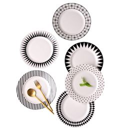 Black and White Geometric Porcelain Dinner Plates 8 inch Round Ceramic Plate for Dessert Cake Breakfast Steak Stripe Dot Curve 7 Pattern