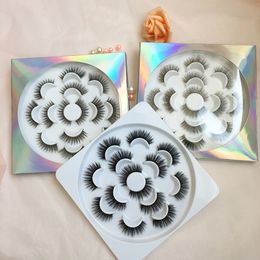 7 pairs 5D faux mink Lashes Custom Holographic Packaging Natural Long Thick False Eyelashes Flower Tray