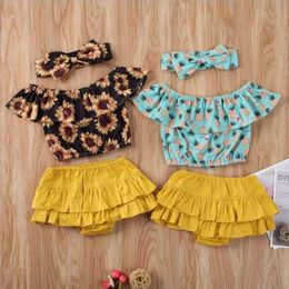 Baby Girl Clothes Kids Sunflower Clothing Sets Summer Off Shoulder Top Ruffle PP Pants Headband Suits Children Pineapple Printed Suit YP911