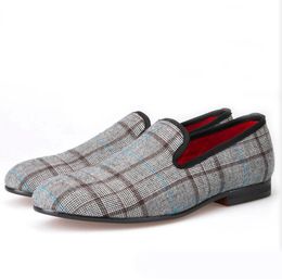 New British style Gingham Grey Men's Flats Men Slip-On party and prom Loafers Men Casual Shoes