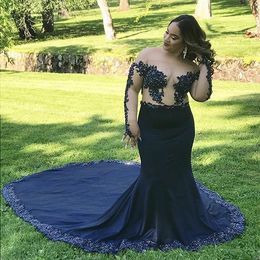 Navy Blue Mermaid Evening Dresses Lace Applique Long Sleeves Beads Sequined Formal Dress Evening Gowns Dresses Evening Wear robes de soirée