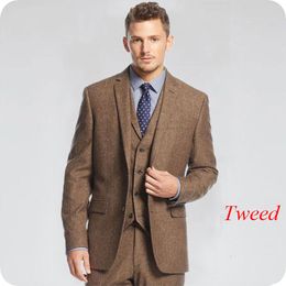 2019 Vintage Brown Tweed Men Suits Wedding Suits For Man Bridegroom Groom Wear Blazer Slim Fit Custom Made Tuxedos Formal Prom 3Pieces Party