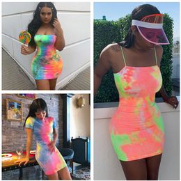 Fluorescence Women Dress Sleeveless Or Short Sleeve Dresses Mini Bodycon Designer Party Style Dresses Spaghetti Strap Dress Colourful