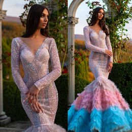 2020 Colorful Mermaid Evening Dresses V Neck Long Sleeve Beads Sequins Feather Lace Prom Dresses Floor Length Formal Dresses