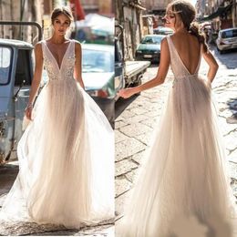 Berta 2020 Lace Wedding Dresses Backless V Neckline Illusion Bodice Floor Length Sexy Open Back Bridal Gowns