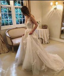Charming Boho Lace A Line Wedding Dresses Plus Size deep V Neck Backless Bridal Gowns Chic Appliqued Sweep Train Vestidos De Novia