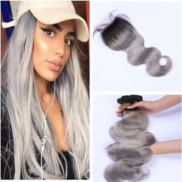 Ombre Grey Bundles with Closure Body Wave Sliver Gray Ombre 3 Bundles with Closure Two Tone 1B Grey Brazilian Human Hair Extensions