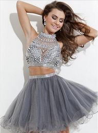 Sliver Crystals 2019 New Two Pieces Cocktail Prom Dresses Rachel Allan High Neck Beaded Hollow Grey Tulle A-line Short Homecoming Dress 1163