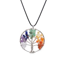 Wisdom Tree Necklaces Chakra Citrine Amethyst Opal Agate Beaded Natural Stone Pendant Necklace Leather Chains Christmas Gifts