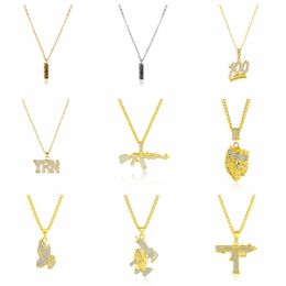 Fashion Men Necklace Hip Hop Jewelry Crown Lion Head and Letter Number Pattern Pendant Necklace Rhineston Golden Chains Pendants Top Quality