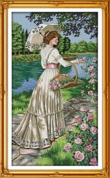 Picking flowers beautiful lady decor painting ,Handmade Cross Stitch Embroidery Needlework sets counted print on canvas DMC 14CT /11CT