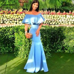 2020 Robe Satin Blue Mermaid Prom Dress Off Shoulder Elegant Evening Gowns for Formal Party Vestidos Largos