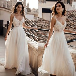 2020 Lace Spaghetti Straps Wedding Dress Simple V Neck Empire Waist Bride Gown Floor Length Casamento Chiffon Abito Da Sposa